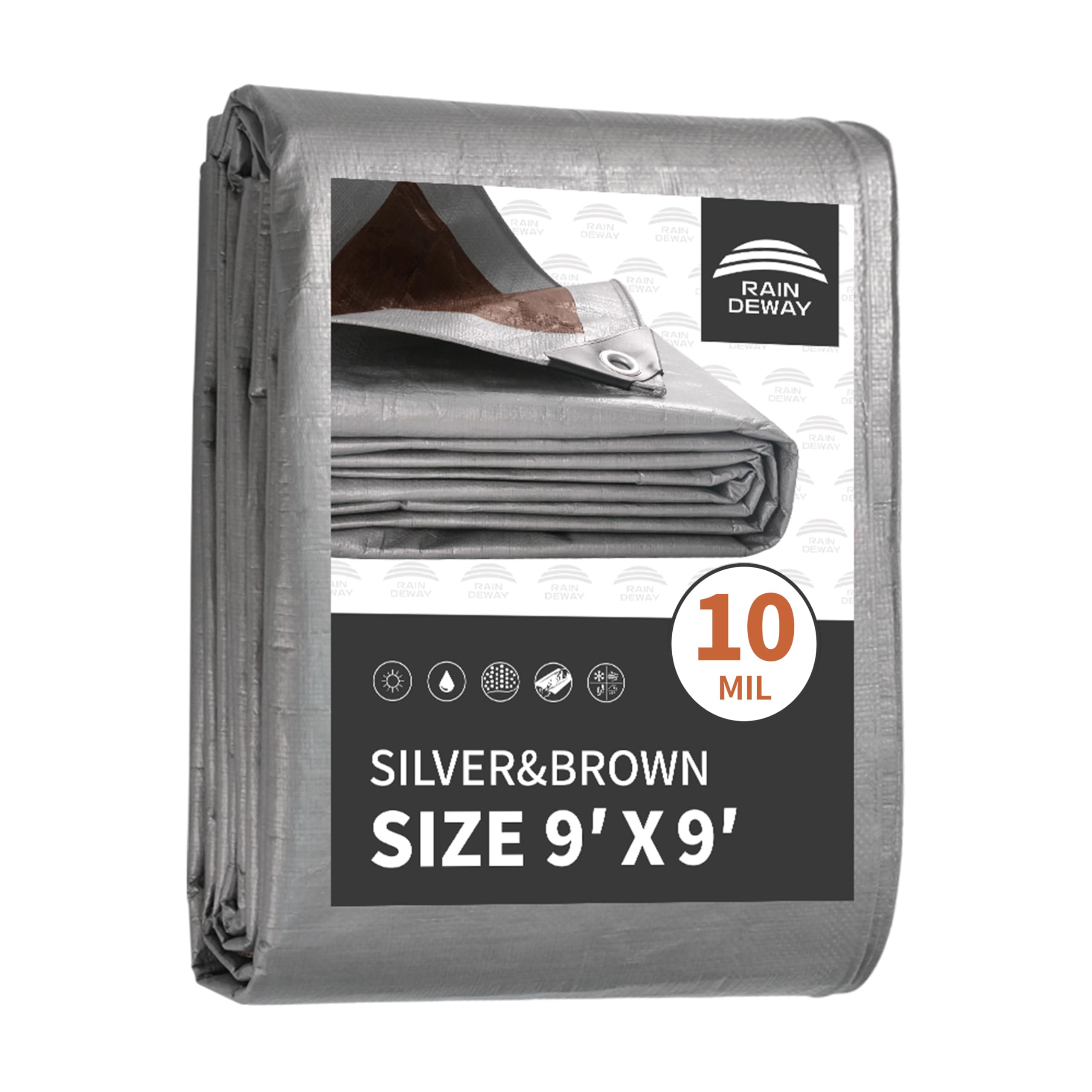 Photo 1 of RAINDEWAY Tarps Heavy Duty Waterproof 9x9 Feet, 10Mil Multipurpose Poly Tarp Cover with Metal Grommets and Reinforced Edges, Silver/Brown Tarp