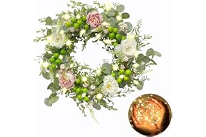 Palonmy Spring Wreaths for Front Door Vibrant Spring Summer Wreath with Lights Silk Flowers Green Eucalyptus Leaves and Berries for Frontdoor Wreath Window Wall Festival Wedding Farmhouse Home Decor