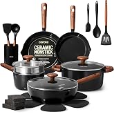 CAROTE 22pcs Ceramic Cookware Set, Pots and Pans Set | Non-Toxic Healthy Cooking Set with Glass Lids, Even Heating, with Steamer &amp; Utensils Set &amp; Sponge Eraser, PFAS FREE