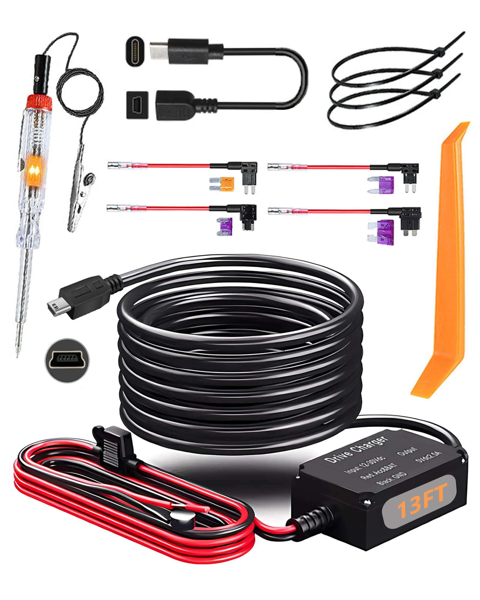Dash Cam Hardwire Kit - Micro USB, 13FT, 12V-24V To 5V With Low Voltage Cutoff & 4 Fuse Taps