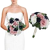 DIYDOFUN Wedding Bouquets for Bride, 11 Inch Bridesmaids Bouquets Artificial Flower Bouquets for Wedding Ceremony Bridal Shower Decorations - Dusty Pink & Navy Blue
