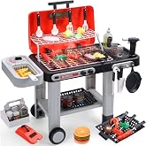 CUTE STONE Kids BBQ Grill Toys, Color Changing Play Food, Sizzling Sound &amp; Light Effects, Cool Mist Spray, Pretend Cooking with Frying &amp; Grilling, 2-Tier BBQ on Wheels - Kitchen Toy, Birthday Gift