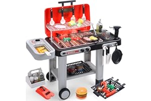 CUTE STONE Kids BBQ Grill Toys, Color Changing Play Food, Sizzling Sound & Light Effects, Cool Mist Spray, Pretend Cooking with Frying & Grilling, 2-Tier BBQ on Wheels - Kitchen Toy Gift Ideas