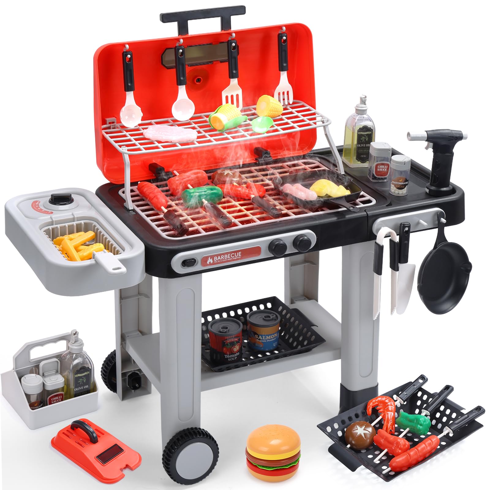 Photo 1 of CUTE STONE Kids BBQ Grill Toys, Color Changing Play Food, Sizzling Sound & Light Effects, Cool Mist Spray, Pretend Cooking with Frying & Grilling, 2-Tier BBQ on Wheels - Kitchen Toy Gift Ideas