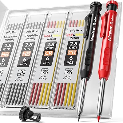 Nicpro Carpenter Pencil with Sharpener Set 2Pcs 26 Refills Deep Hole Marker Case
