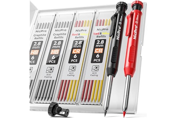 Nicpro 2 Pack Carpenter Pencil with Sharpener, Mechanical Carpenter Pencils with 26 Refills, Deep Hole Marker Construction Ca