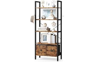 oneinmil 5-Tier Bookshelf with 2 Storage Drawers, Industrial Display Standing Shelf, Rustic Wood Storage Shelf with Metal Frame, Open Bookcases for Living Room, Bedroom, Home Office (Brown)