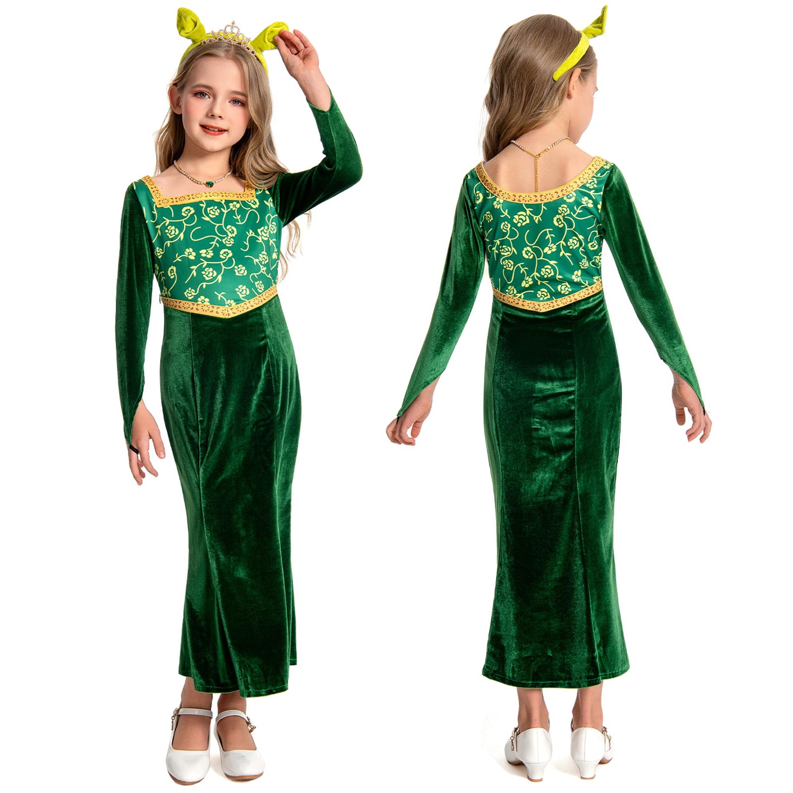Photo 1 of Chahouk Girls Princess Costume Dress Pretty Green Gown Halloween Long Sleeve Outfit Birthday Party Cosplay Dress Up