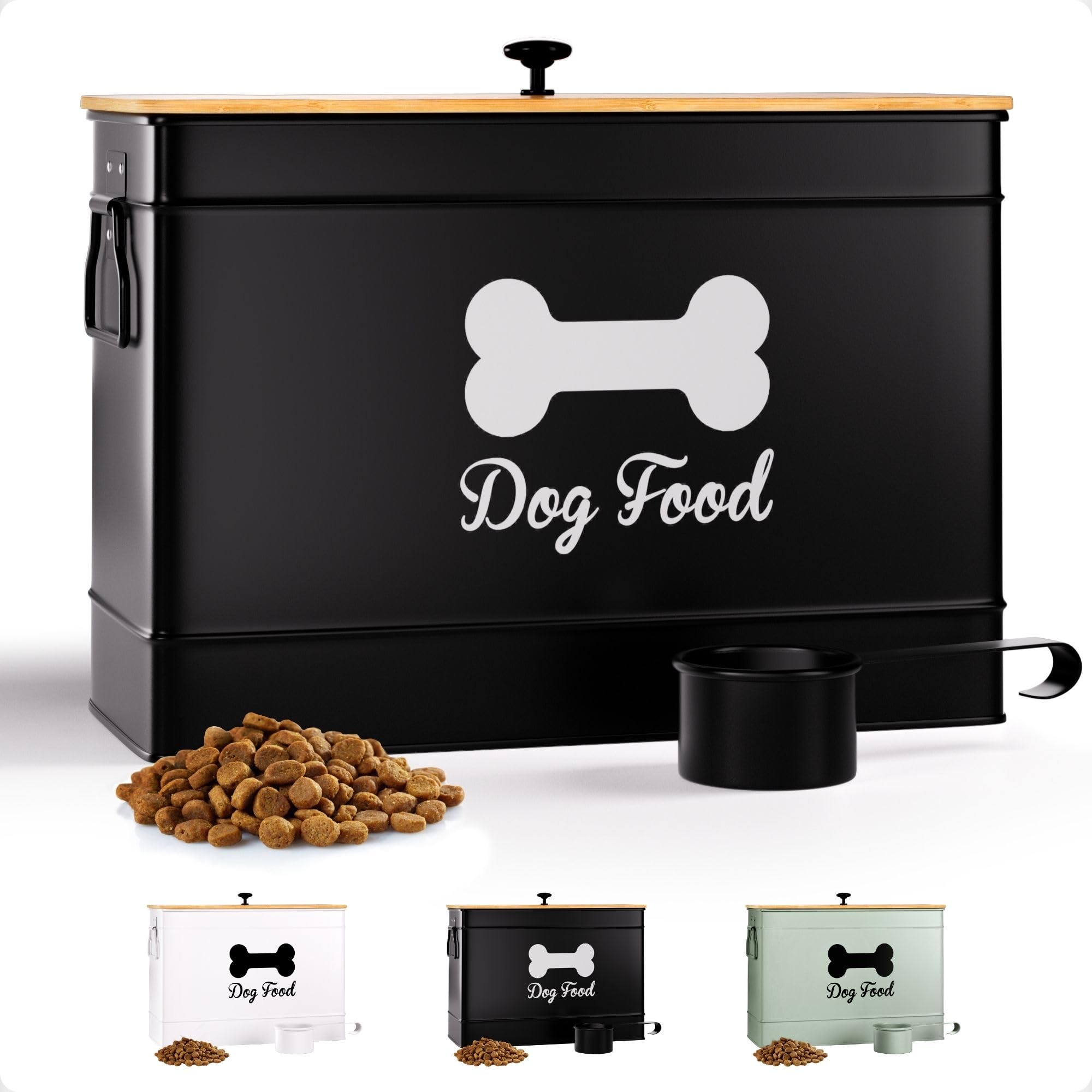 Photo 1 of ***MISSING PARTS***
Dog Food Container Airtight 15 lb (50 Cup) Capacity with Metal Scoop - Cute Airtight Dog Food Storage Container with Bamboo Lid - Black Metal Kibble Storage Bin for Dogs up to 100 lbs - Big Pet Jar