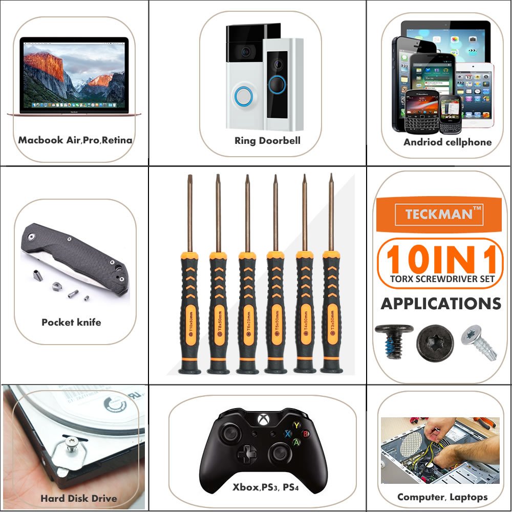 TECKMAN 10 in 1 Torx Screwdriver Set with T2 T3 T4 T5 T6 T8 T10 Security Torx Bit & ESD Tweezers,Magnetic Screwdrivers Precision Repair Kit for Xbox,PS4,Macbook,Computer,Ring Doorbell & Folding knife