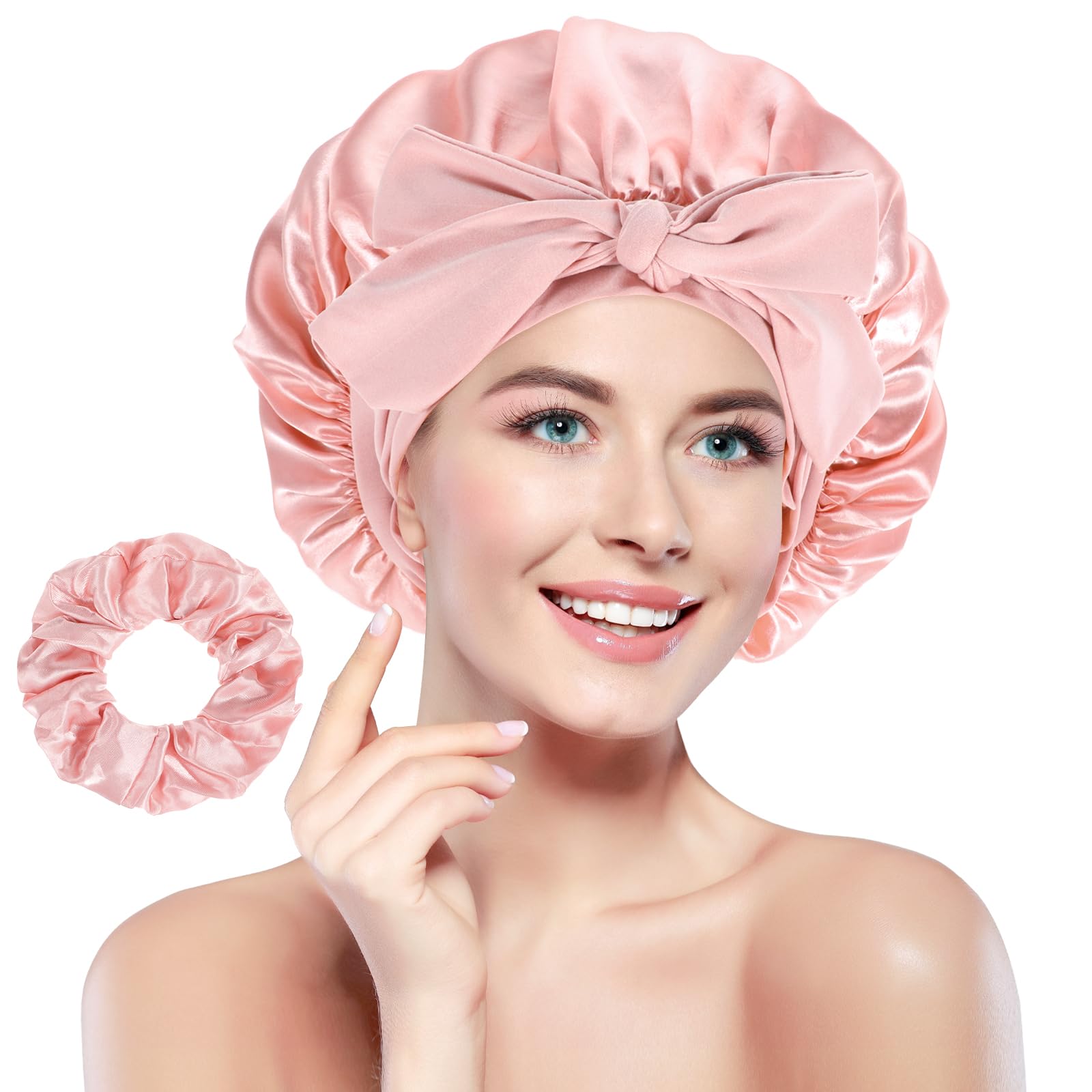 Oruola 1pcs Silk Hair Bonnet for Sleeping,Satin Hair Bonnet,Pink Sleep Bonnets with Elastic Tie Band for Women,Adjustable Silk Bonnets for Sleeping Curly Hairs with Satin Hairband,Pink