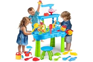LINKOWIN Water Table for Toddlers3-5, 3-Tier Kids Sand Water Table, Rain Showers Splash Pond Summer Outside Water Play Toys, Activity Sensory Play Table for Boys Girls
