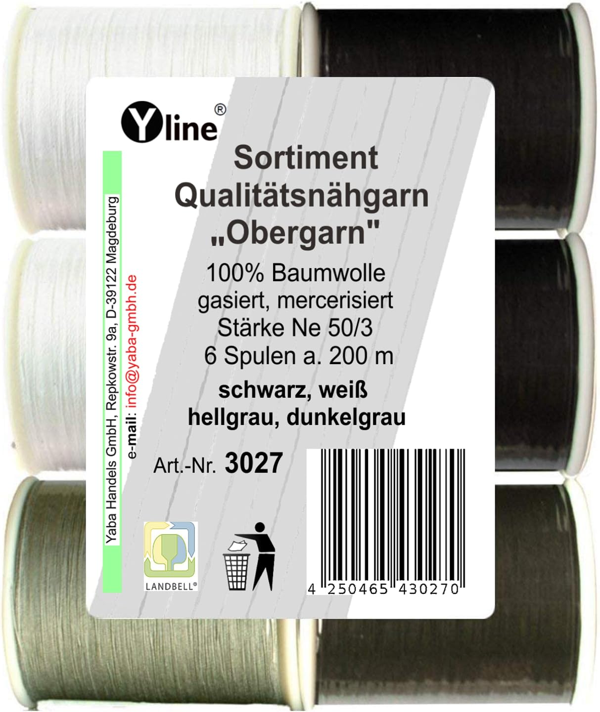 Set of 6 coils, 200 m, quality sewing thread, "Obergarn" black, white and grey, Ne 50/3, 100 % cotton for the sewing machine, 3027