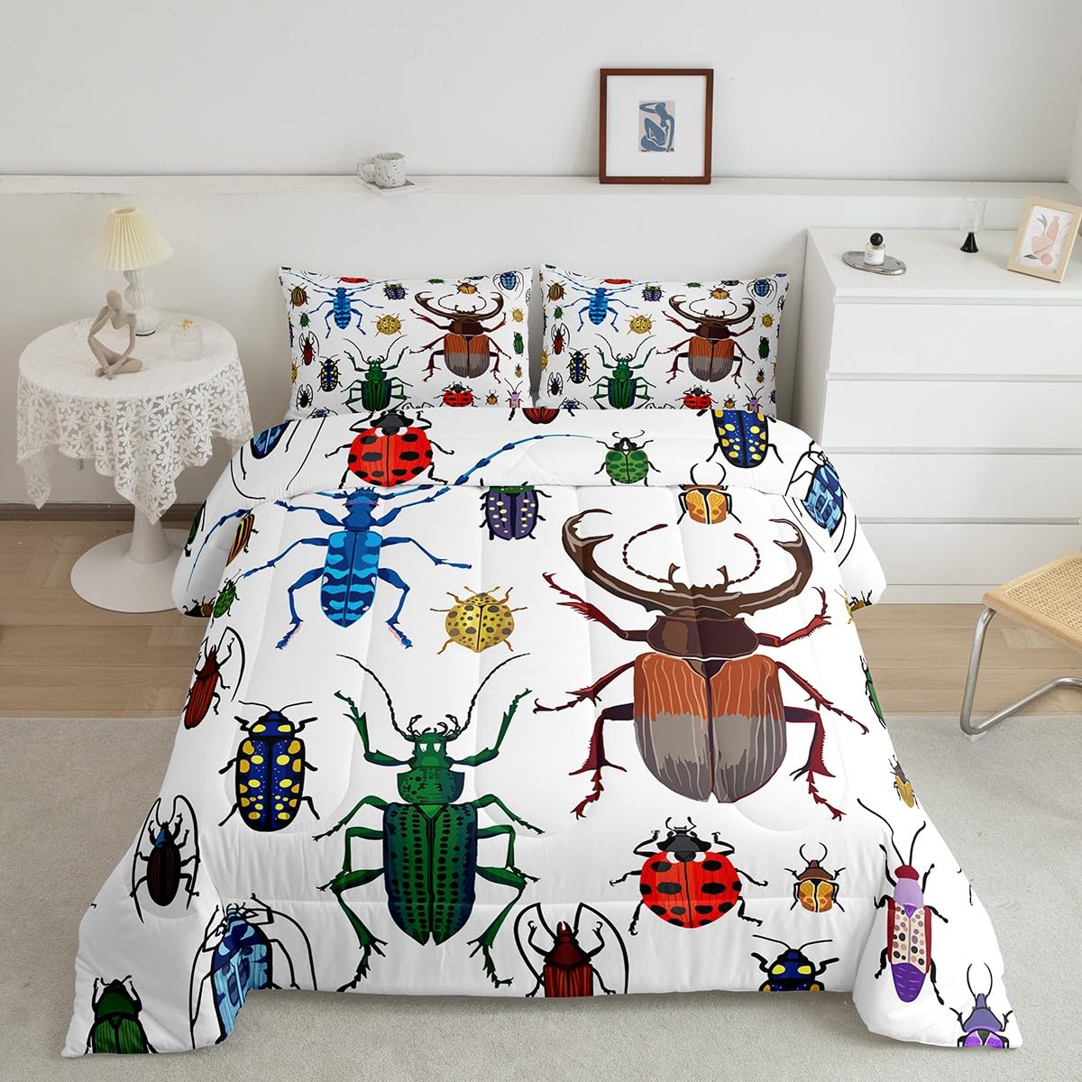 Loussiesd Kids Bug Duvet Insert Full Boys Flying Bugs Pattern Duvet Set for Girls Children Colorful Beetle Collection Decor Bedding Set Soft Nature Animal Bed Set 1 Duvet Insert 1 Pillow Case Single