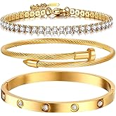 MEIERYA Gold Plated Bracelet Set, 3-Piece Stacking Tennis Bracelets with Cable Bangle and Rhinestone Cuff,Modern Style for Women Gold Jewelry Gift