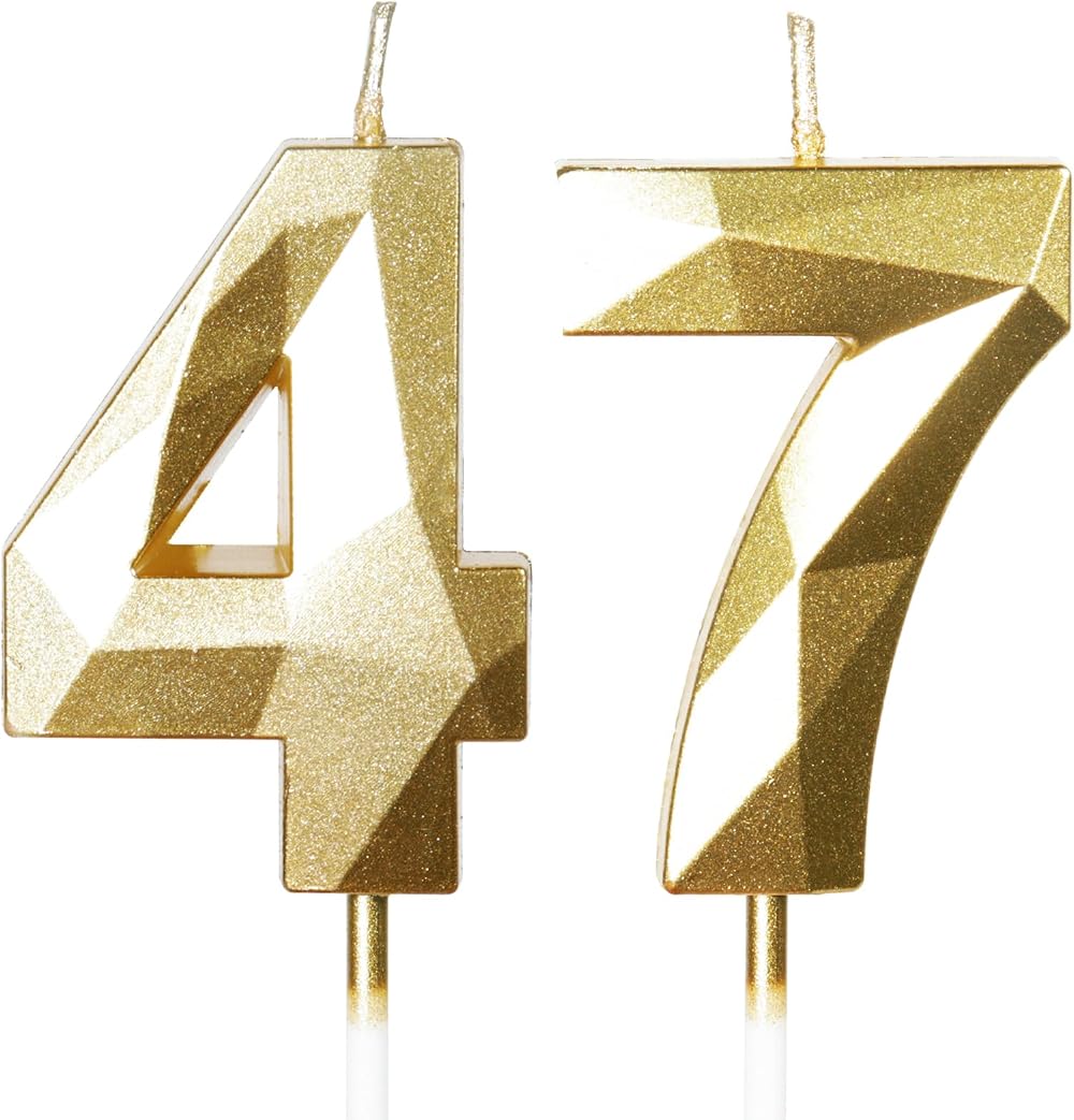 Yiran Gold 47th Birthday Candles 47 Happy Birthday Numeral Cake Topper 2pc