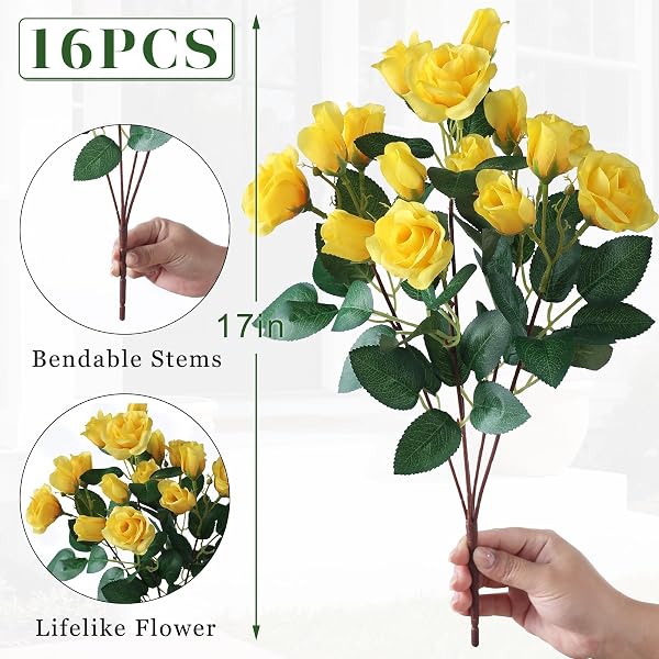 16 BUNDLES 17″ARTIFICIAL ROSES, REALISTIC SILK BOUQUET FLOWER(YELLOW)