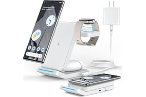 HOUFLODY 3 in 1 Foldable Wireless Charger Only for Google Pixel Watch 2, Wireless Charging Stand for Google Pixel 8 Pro/8a/8/7 Pro/7a/7/6/Pro and Pixel Buds Pro, Charging Station with QC 18W Adapter, White