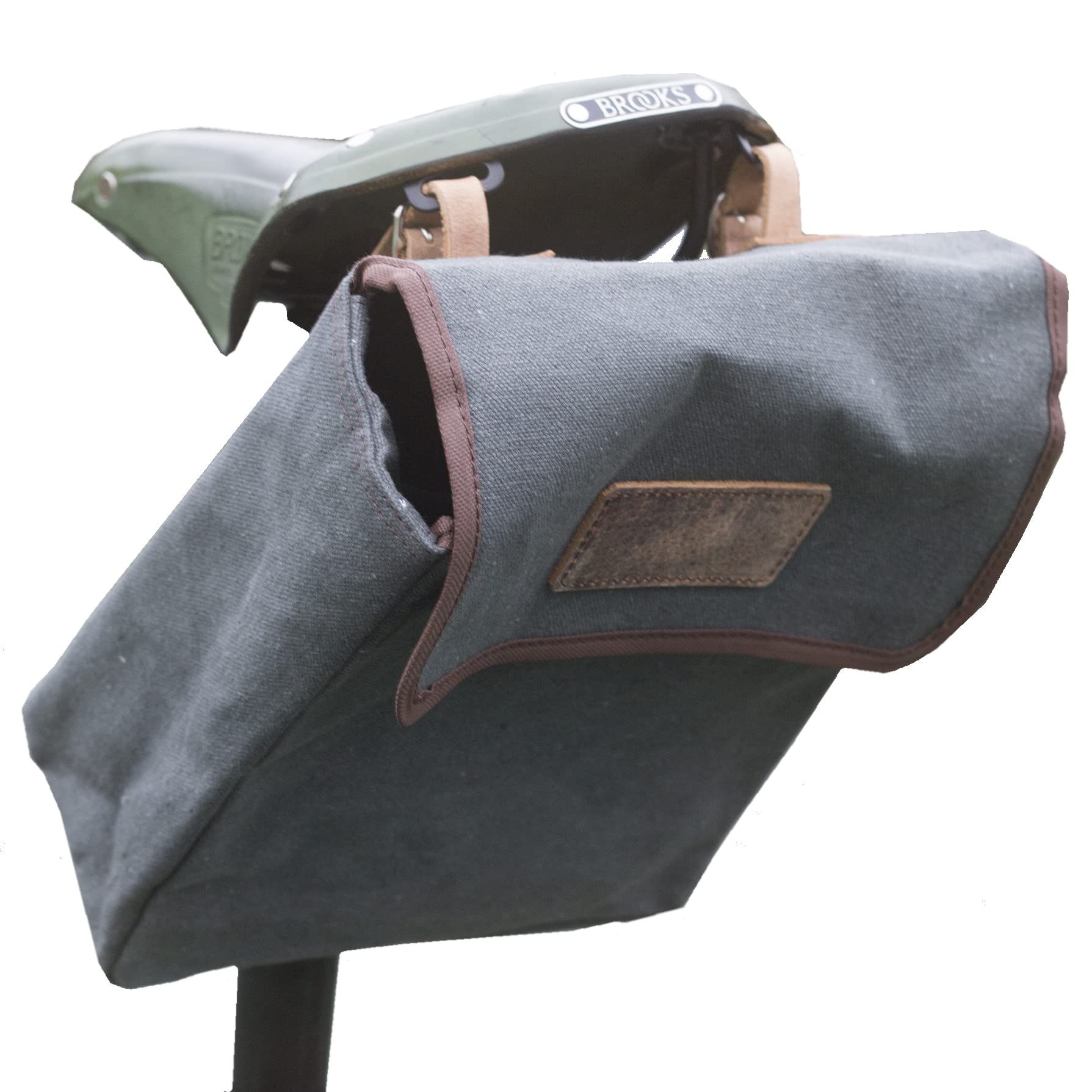 London Craftwork Medium Canvas + Leather Saddle/Handlebar/Frame Bag for Bicycles in Olive Grey (Brown)