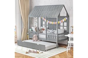 Giantex Twin House Bed with Trundle, Kids Bed Frame with 82" Tall Roof, Windows and Guardrail, Wooden Playhouse Bed for Teens