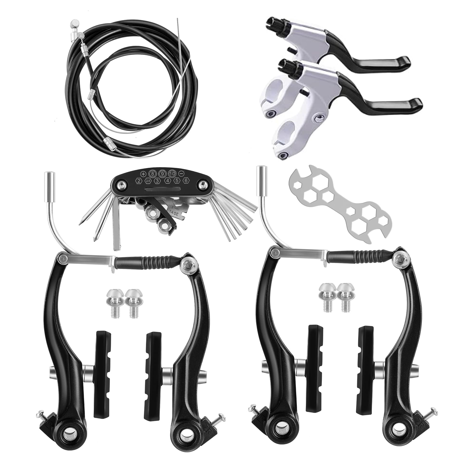 Hmseng Complete V-Type Bike Brake Set, Universal Bike Front and Rear MTB Brake,Inner and Outer Cables and Lever Kit with Multi-Tool Wrenches Black