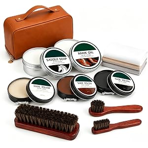 UDGOG Shoe Polish Kit, Shoe Shine with Saddle Soap, Mink Oil & Black Brown Neutral Shoe Polish, 3 Horsehair Brushes | Leather