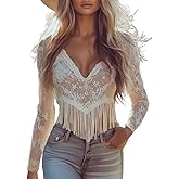Melliflo V Neck Long Sleeve Lace Tops for Women Sexy Going Out Mesh Fringe Top Sheer Western Crop Shirt Y2K Fall Outfits