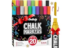 Chalkola 20 Liquid Chalk Markers for Blackboard (6mm Reversible Tip - Neon, Pastel, Metallic Dry Erase Marker) | Washable Cha