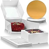 DELIHIDE Premium Cake Boxes with Cake Boards Set - 12 Front-Loading Sturdy Cardboard Cake Boxes 10", 12 White/Gold Greaseproof Boards 10 Inch - Window Cake Box Set