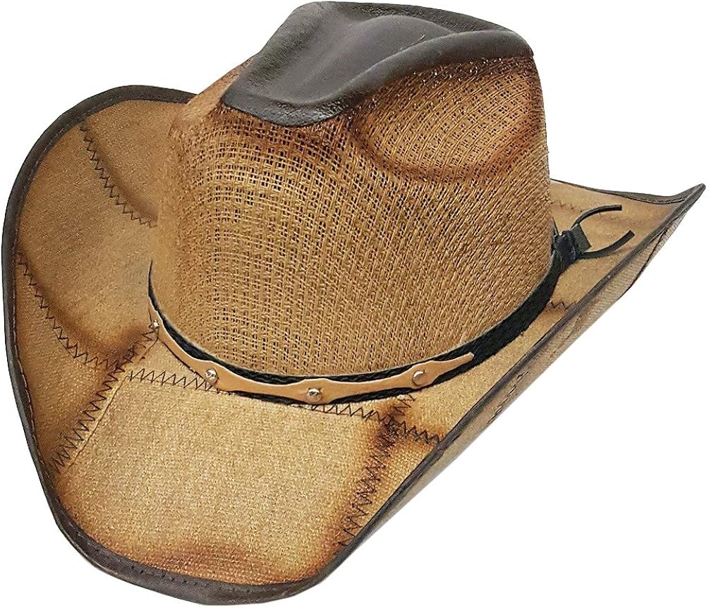 Modestone Unisex Straw Cowboy Hat Patchwork Fabric Brim & Crown Brown