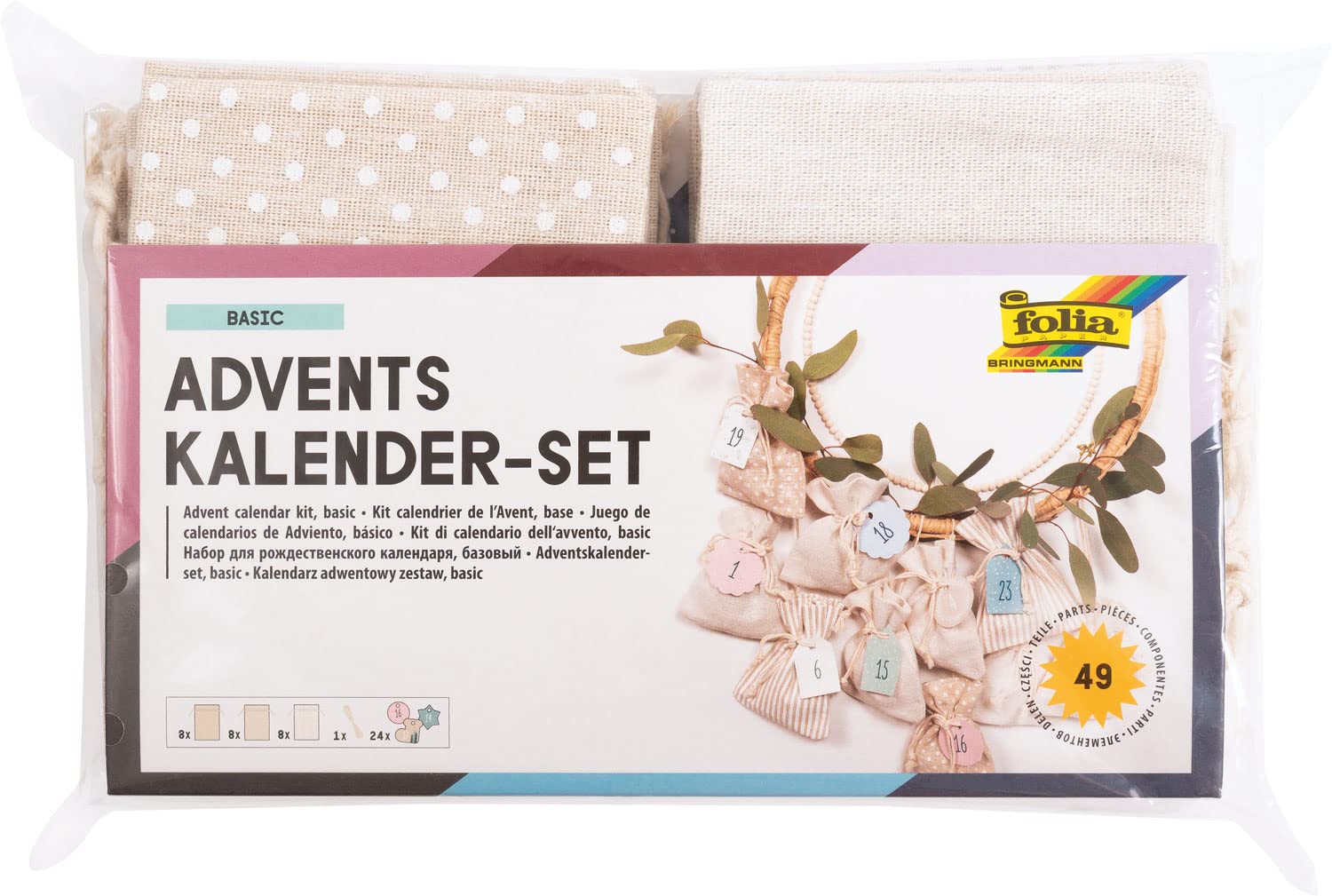 folia 64121 Advent Calendar Set, Basic with Motif Print, Approx. 10 x 13 cm, 24 Natural-Coloured Fabric Bags, Made of Cotton and Polyester, Includes Tags and Yarn, Natural