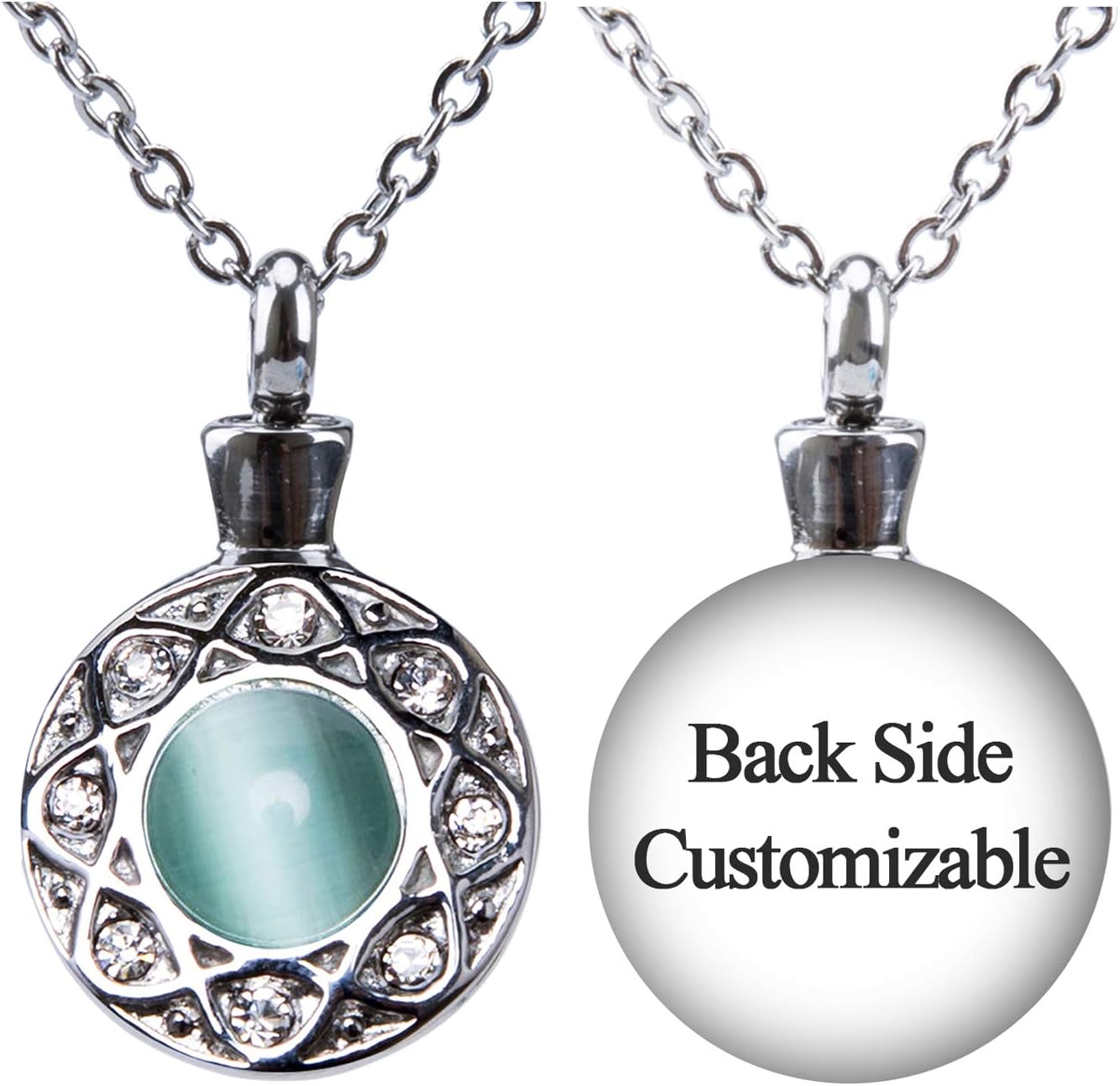 Fanery Sue Personalized Custom Cremation Urn Necklace for Ashes Memorial Stainless Steel Pendant W/Cat Eye Stone