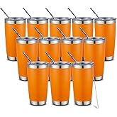 COMOOO 20oz Double Wall Vacuum Insulated Travel Mug Bulk Stainless Steel Tumbler with Lid and Straw Durable Powder Coated Insulated Coffee Cup for Cold & Hot Drinks (Orange, 12 pack