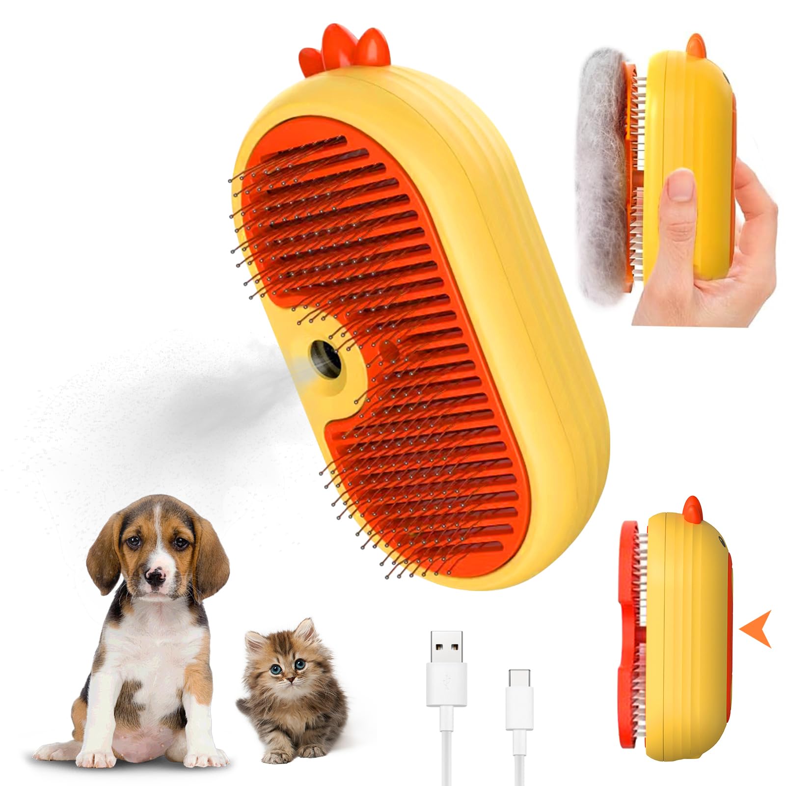 Steam Cat Brush with Release Button, 4 In 1Upgraded Multifunctional Cat Steamer Brush, Self Cleaning Pet Brush for Grooming Long Short Haired Dog Cats, Rabbit Remove Loose Fur and Undercoat (Yellow)