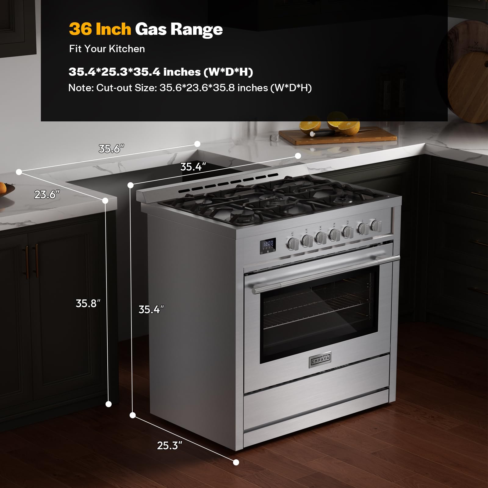 Empava Gas Range, 4.3 Cu. Ft Convection Oven with Touch Timer, 5 Deep Recessed Burners Cooktop, Heavy Duty Continuous Grates in Stainless Steel, Freestanding & Slide-in Stove,36 Inch