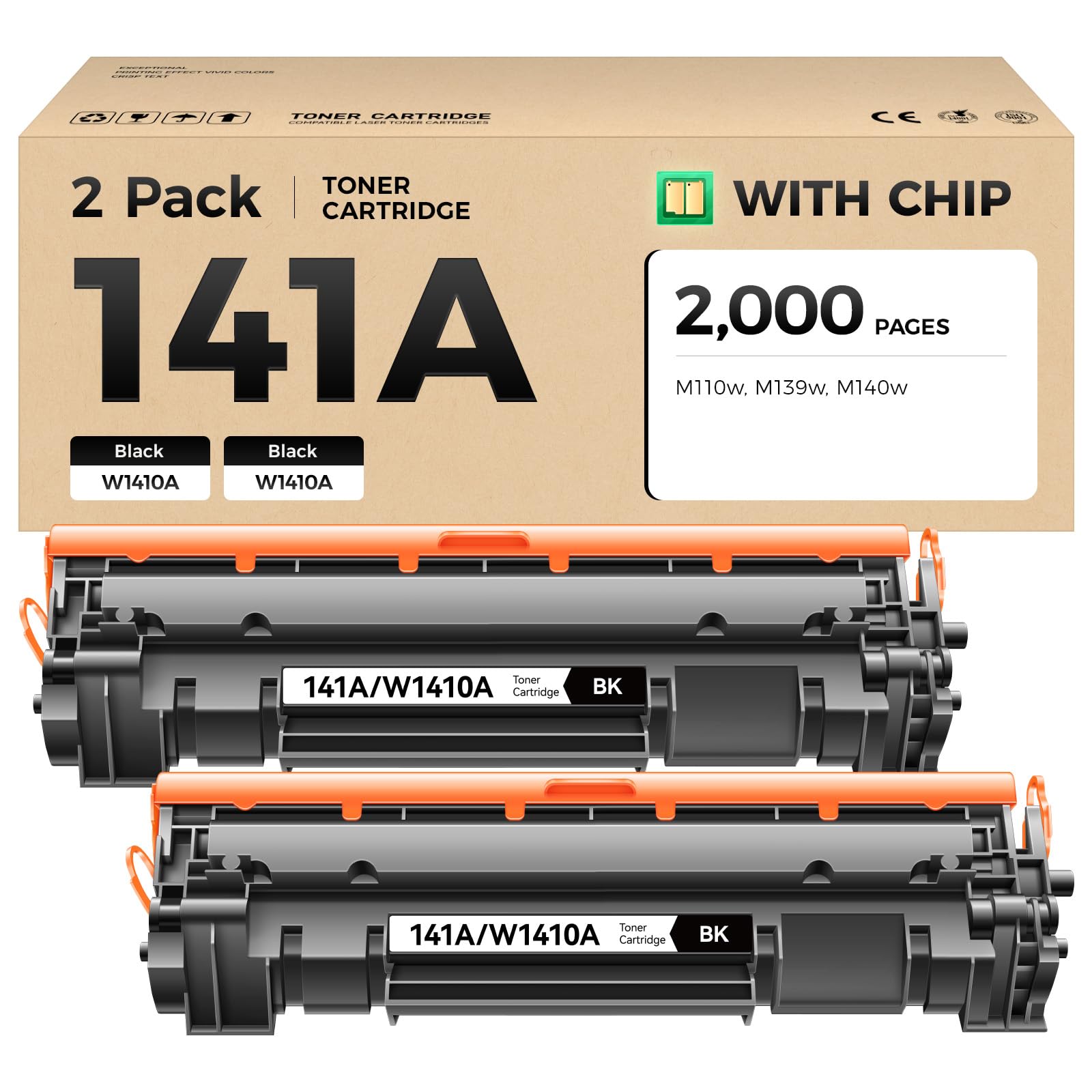 Photo 1 of 141A Toner Cartridge 2-Black with chip High Yield Replacement for HP 141A W1410A 141X W1410X Compatible with HP Laserjet Pro M110w MFP M140w M139 Printer Ink M110we M140we M139we Laser All-in-One Copy