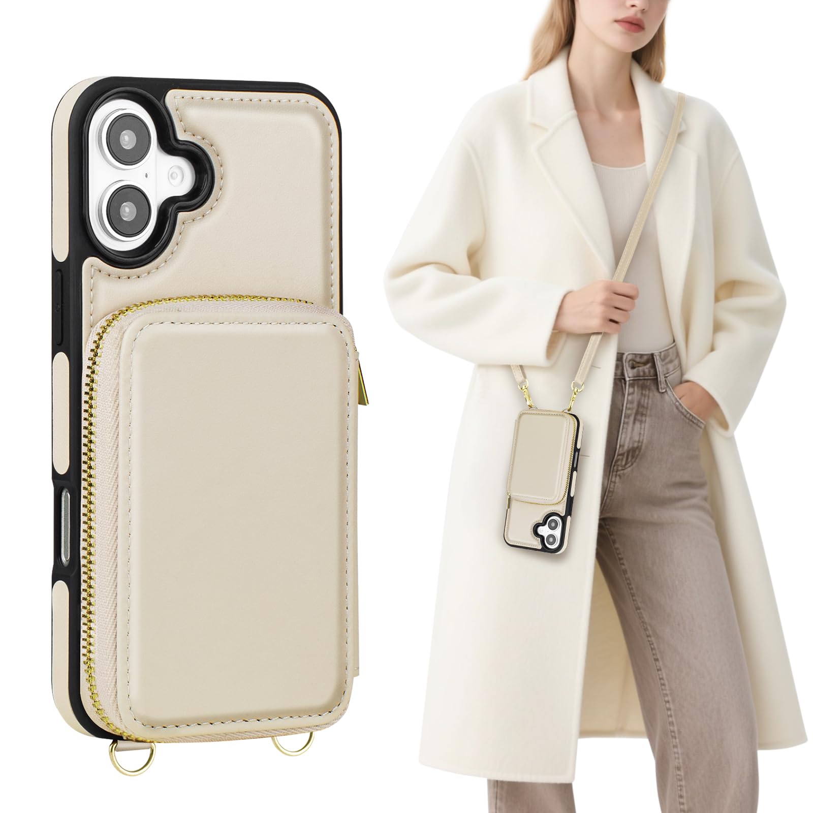 SkyEagle Compatible with iPhone 17 Wallet Case Women,RFID Blocking Crossbody Phone Purse Case PU Leather Zipper Handbag Wrist Strap Cover Credit Card Holder,for Apple 17 6.3",Beige