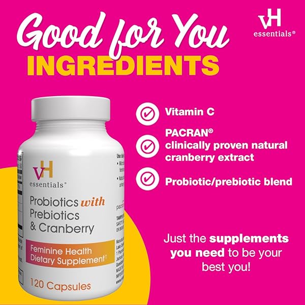 VH ESSENTIALS PROBIOTICS FOR WOMEN WITH PREBIOTICS, CRANBERRY & VITAMIN C – 120 CAPSULES (60 DAY SUPPLY) -PROBIOTICS SUPPORT GUT BALANCE, HEALTH & URINARY TRACT HEALTH FOR WOMEN