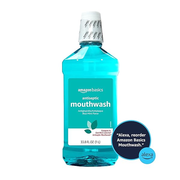 AMAZON BASICS ANTISEPTIC MOUTHWASH, BLUE MINT, FIGHTS BAD BREATH, PLAQUE AND GINGIVITIS, 1 LITER, 33.8 FL OZ, 1-PACK (PREVIOUSLY SOLIMO)