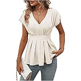 SweatyRocks Women's Summer V Neck Fold Pleated Ruffle Hem Blouse Peplum Top