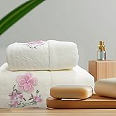 ABREEZE Floral Embroidered Bath Towel Set,2 Piece, Cotton Absorbent Skin-Friendly, Suitable for Bathroom, Gym,White(1 Bath Towel,1 Hand Towel)