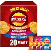 Walkers Meaty Variety Pack Crisps, Roast Chicken, Smoky Bacon, Prawn Cocktail, Cheese &amp; Onion Flavors, 20 Single Bags, 25g Each
