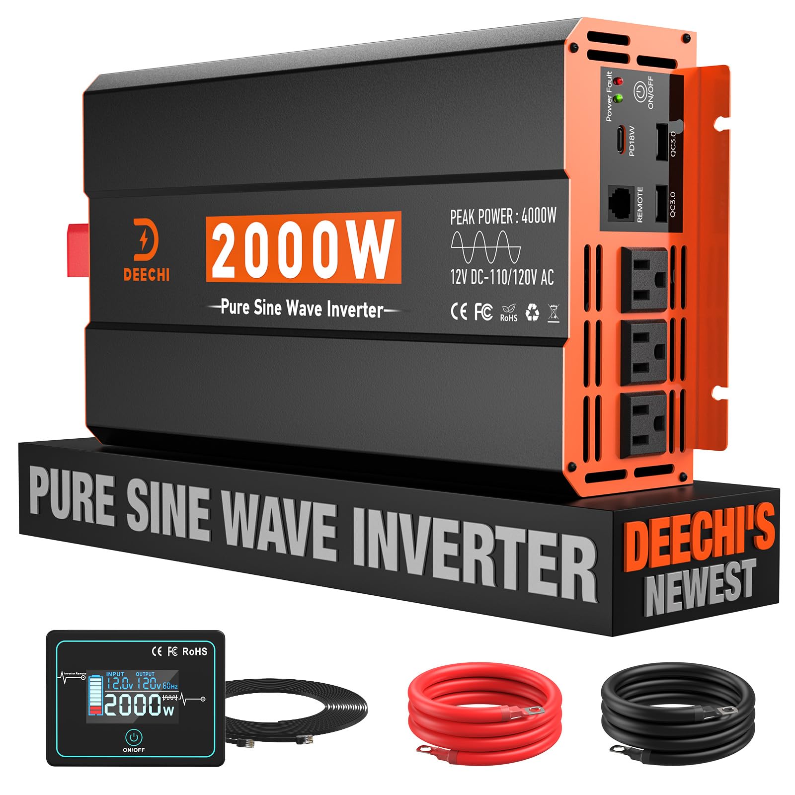 Photo 1 of 2000 Watt Pure Sine Wave Inverter 12V DC to 110V/120V AC Converter for RV/Truck/Home/Off-Grid Solar Car Power Inverter for Vehicles with 3 AC, 2 USB & 1 Type-C Ports, Remote Controller Cable Included
