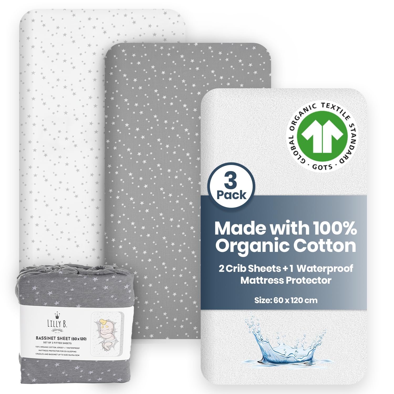 Lilly Belly- Cot Sheets | 100% Organic Cotton Pack of 3 - Cot Bed Sheets | Sheets 120 x 60 cm for Toddler Bed | 2+1 Waterproof Protector pad Compatible Travel Cot | Pack of 3 for Cot Bed