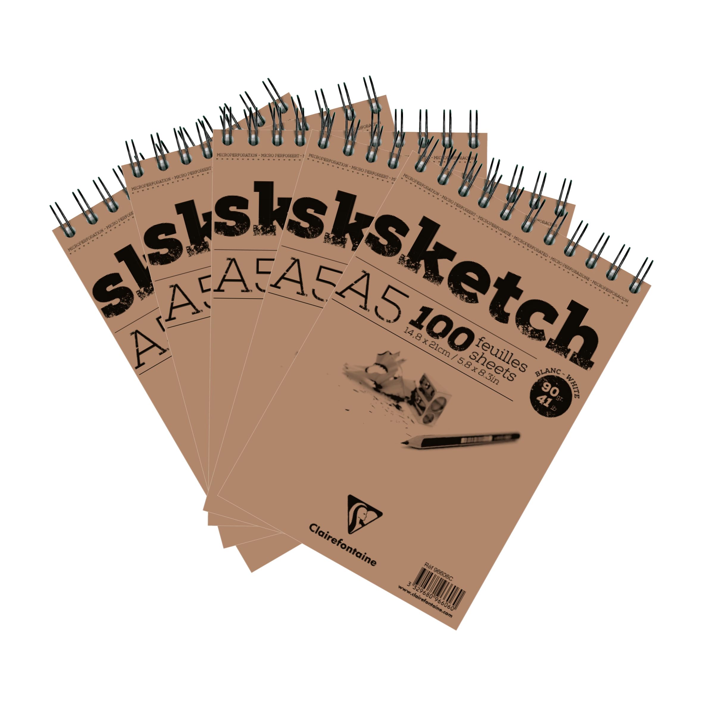 Clairefontaine 96606C Bloc Spiralé en-tête Papier Sketch - 100 Feuilles Papier Dessin Blanc au Grain Très Léger - Feuilles Détachables - A5 14,8x21 cm 90g - Paquet de 5 blocs