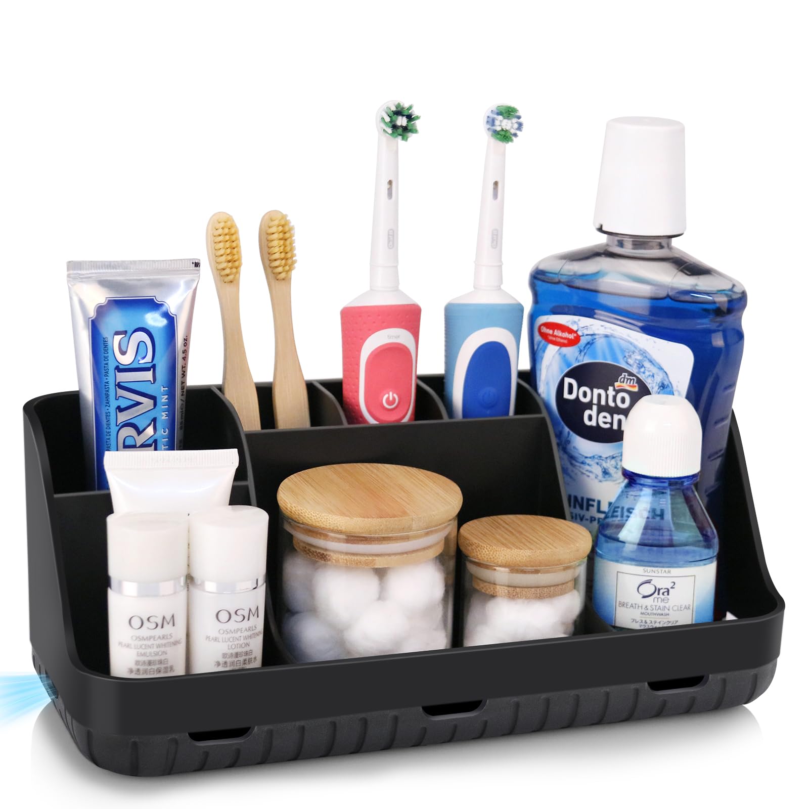 PARKMANI Toothbrush Holder for Bathroom Organizer Storage, Electric Toothbrush and Toothpaste Holders, 7 Slots Bathroom Organiser Countertop, Bathroom Accessories for Family, Kids (Black)