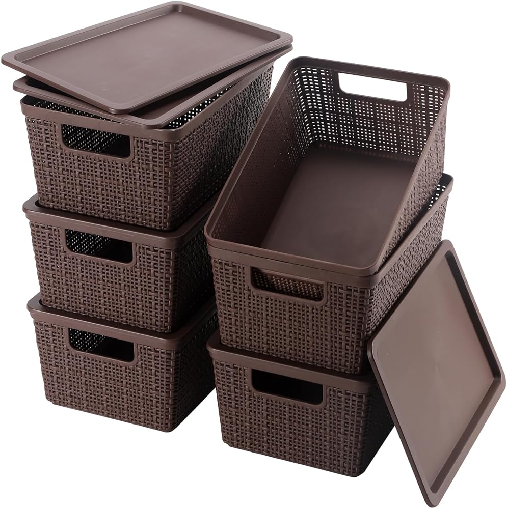 WRRLORS 6 Pack Plastic Storage Baskets With Lids,Brown Breathable Stackable Storage Bins,Small Storage Containers,for Organiz