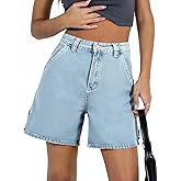 PLNOTME Womens High Waisted Denim Shorts Summer Casual Button Down Baggy Stretchy Jean Shorts with Pockets