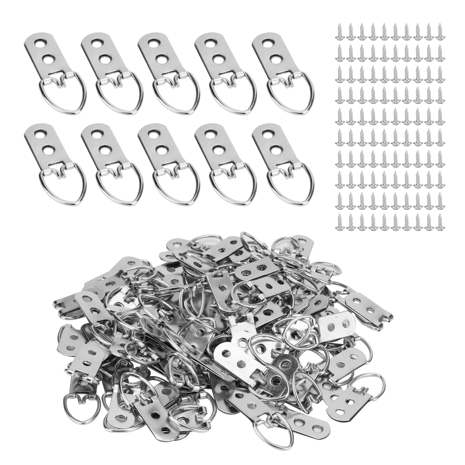 MANCHAP 100 Pack D Ring Picture Frame Hangers, 55 x 22mm Double Holes D Ring Hanging with Screws, Picture Hooks for Painting, Photos, Artwork