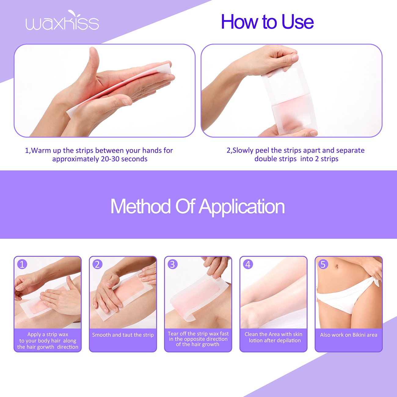Waxkiss 20 Wax Strips Hair Removal Cold Waxing Strips Body Wax Double Side Wax Strip for Face Armpit Legs Bikini Face Hair Remove